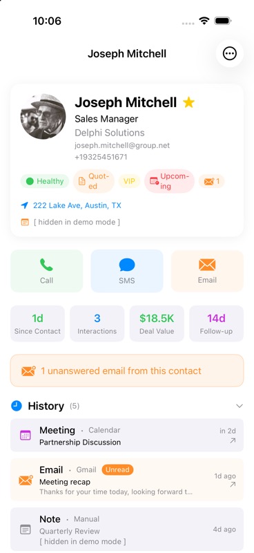 iPhone contact detail screen showing profile, actions, email history, meeting history, reminders, and deal context.